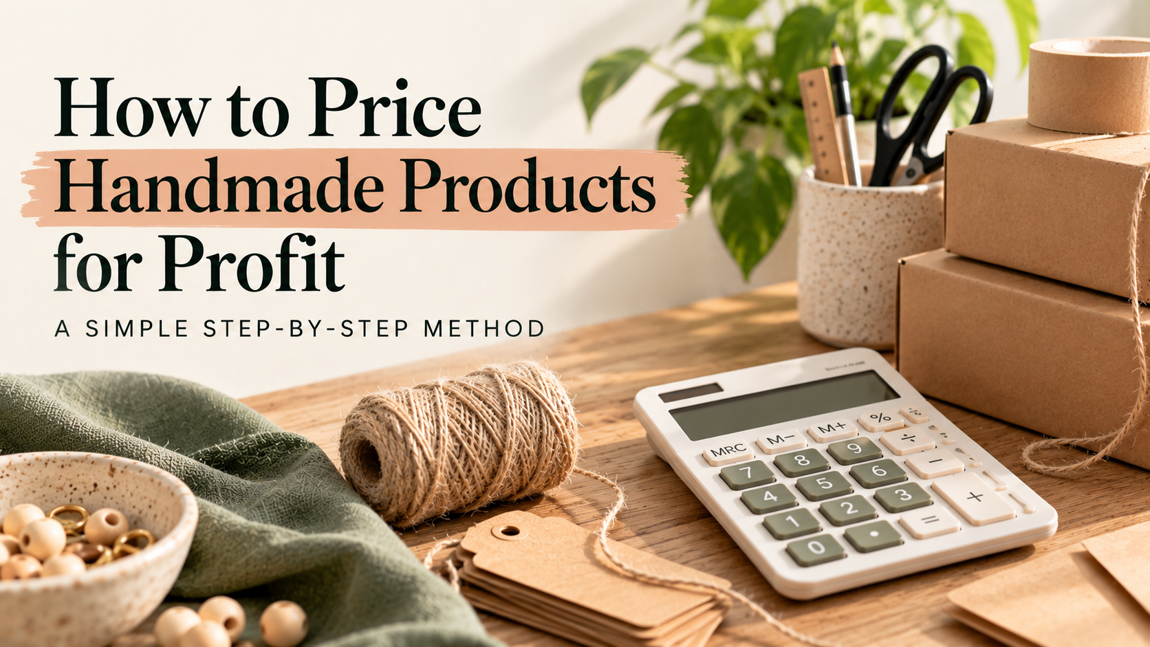 Handmade product pricing guide with calculator, packaging supplies and craft materials
